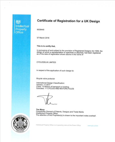 CYCLEDELIK Valve Guard Protection certificate